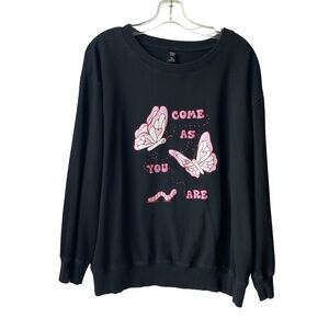 Shein Curve Graphic Sweatshirt Black + Pink “Come As You Are” Butterflies 3XL